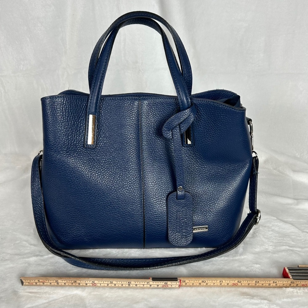 Sofia Cardoni Navy Blue Pebbled Leather Satchel Handbag Silver Hardware Tote